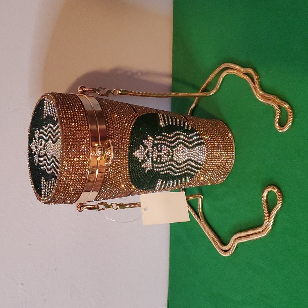 Gold / Green Coffee Cup Purse With Rhinestones - Picture 3 of 5